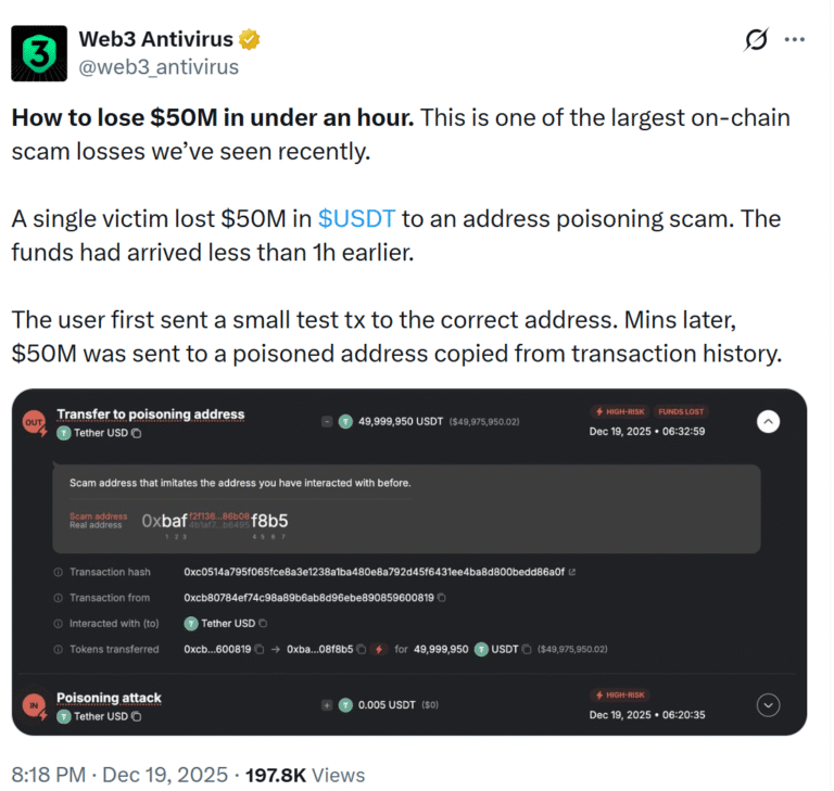 A user has been targeted by an address poisoning scam according to Web3 Antivirus