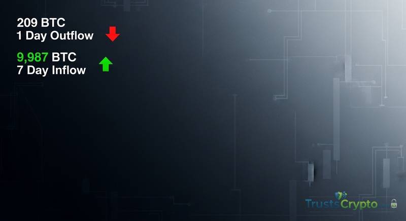 Bitcoin ETFs Record 209 BTC 1-Day Outflow, 9,987 BTC 7-Day Inflow